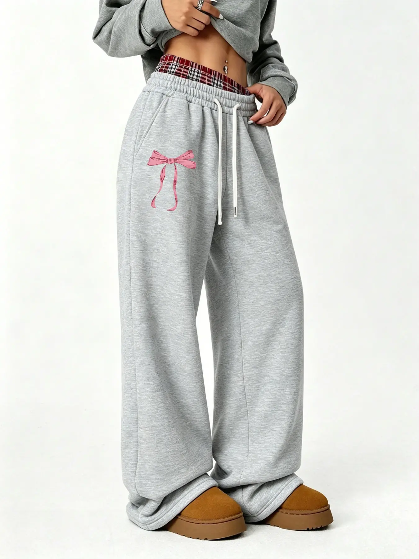 Women's Wide Leg Sweatpants, Bow Print, Plaid Double Layer Waist Drawstring, Loose Fit Casual Street Style, Pocket Sports Long Pants, Bow Detail Sweatpants