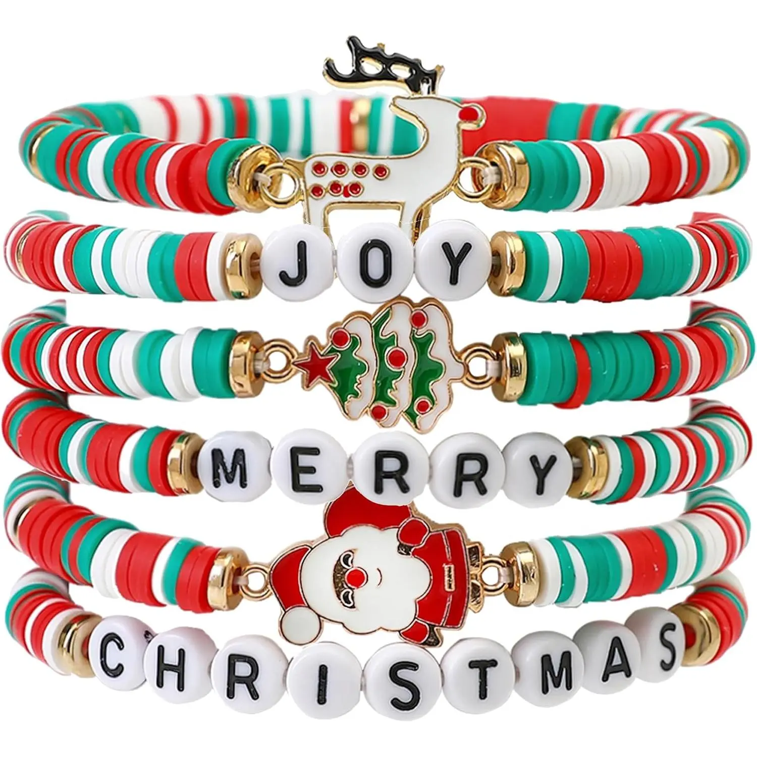 6 count Christmas Stretch Bracelets for Women, Stackable Polymer Clay Christmas Accessories with Santa, Reindeer, Tree Charms, Xmas Friendship Gifts for Teens Women