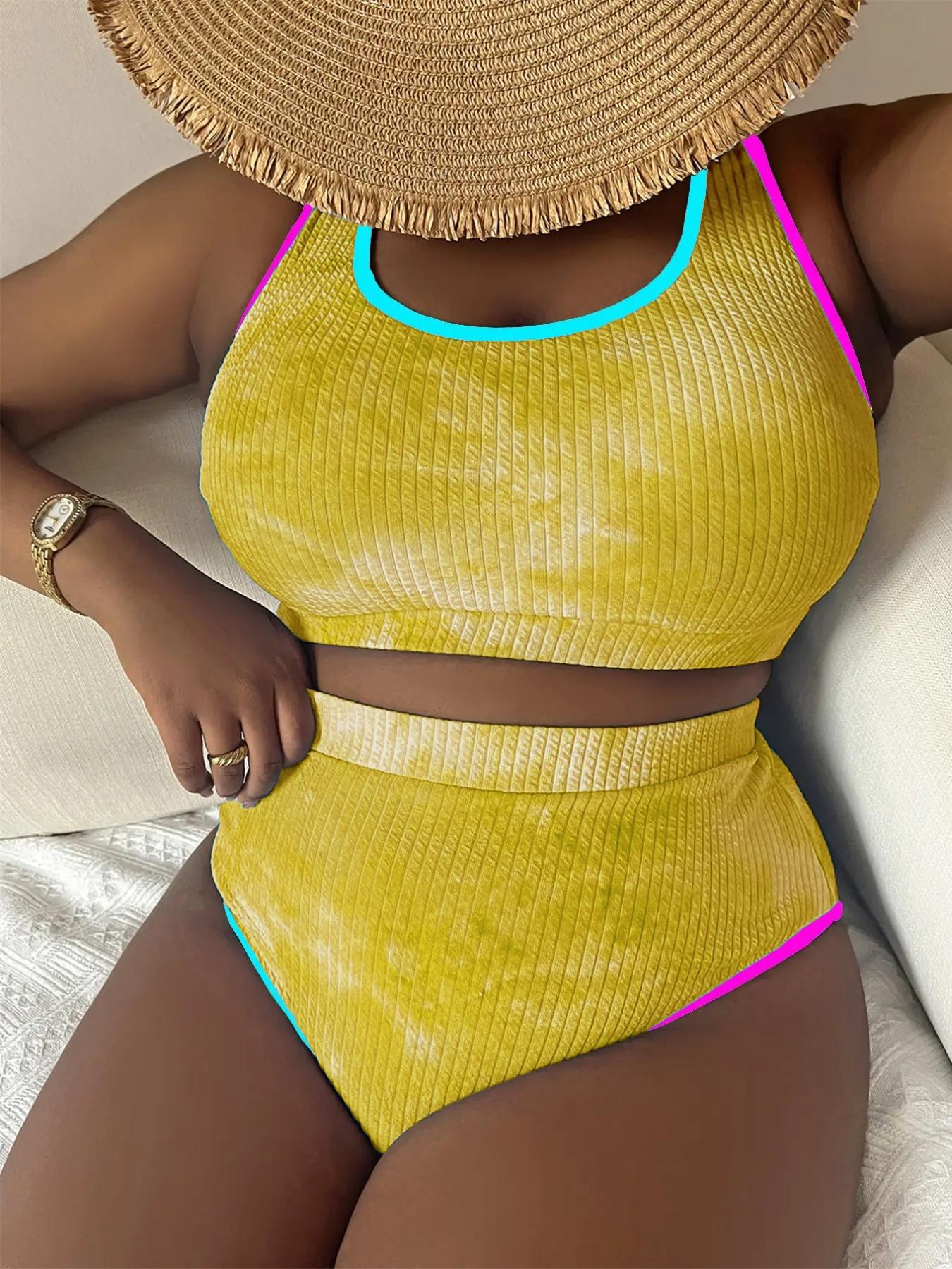 Two-Piece Set Plus Size Women's Tie Dye Print Contrast Binding Tankinis Set, Chic U Neck Swim Top & High Waist Swim Bottom, Women's Summer Outfits 2024, Tankini Bottoms Set