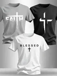 Men's 3-Pack Cross Print Round Neck T-Shirts, Inspirational Religious Graphic Tees, Casual Christian Streetwear for Daily Wear#FaithCrossTee #ReligiousGraphicTee #3PackMensTShirts #ChristianStreetwear #TikTokFashion #BlessedPrintTop