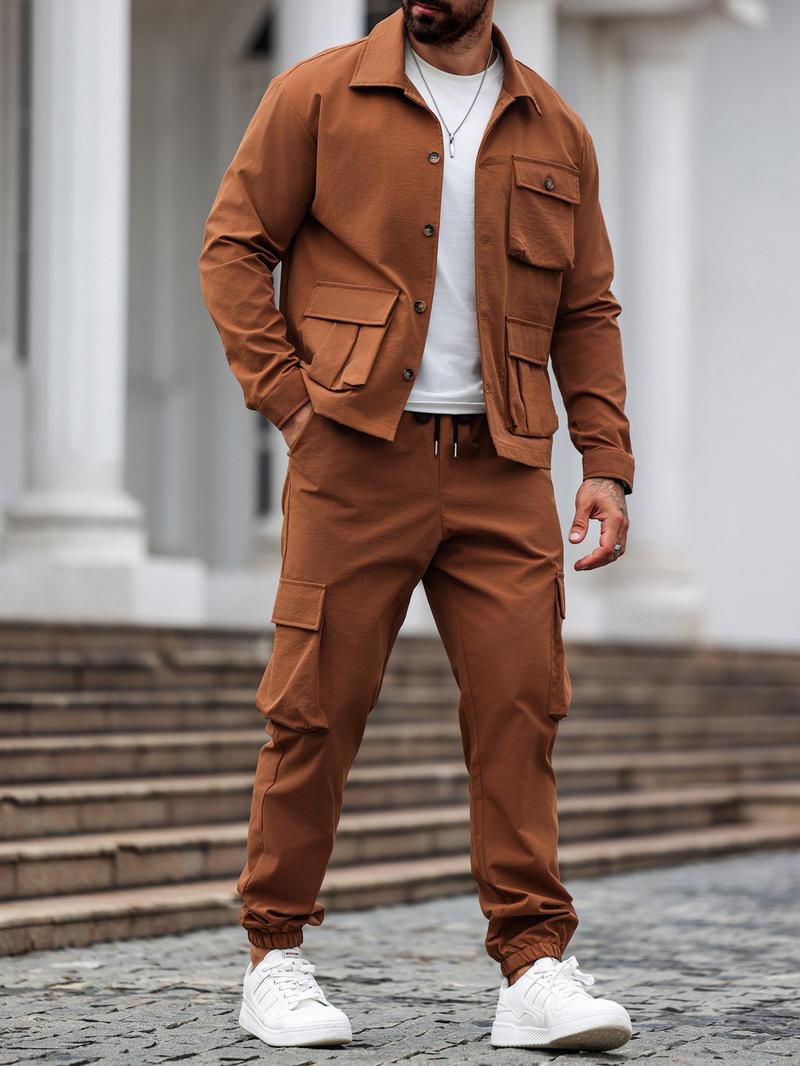 Men's Solid Color Pocket Button Front Jackets & Pants Two-Piece Set, Casual Long Sleeve Collar Top & Trousers Set, Men's Spring & Fall Clothes Men's Solid Color Pocket Button Front Jackets & Pants Two-Piece Set, Casual Long Sleeve Collar Top & Trousers Set, Men's Spring & Fall Clothes