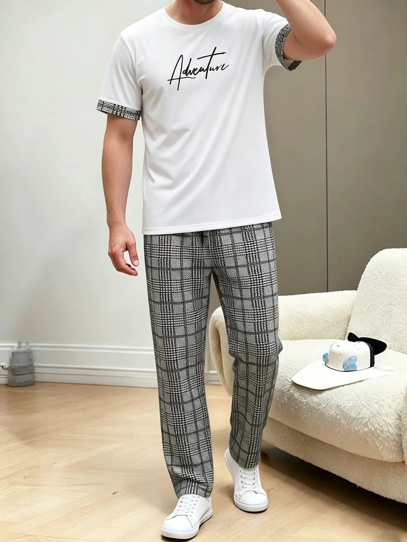 Men White Letter Print Loungewear 2-Piece Set, Cuff Plaid Splicing Crew Neck Short Sleeve Tee & Houndstooth Drawstring Long Pants, Soft Breathable Home Outfit for Napping, Gaming, WFH & Lazy Indoor Rest