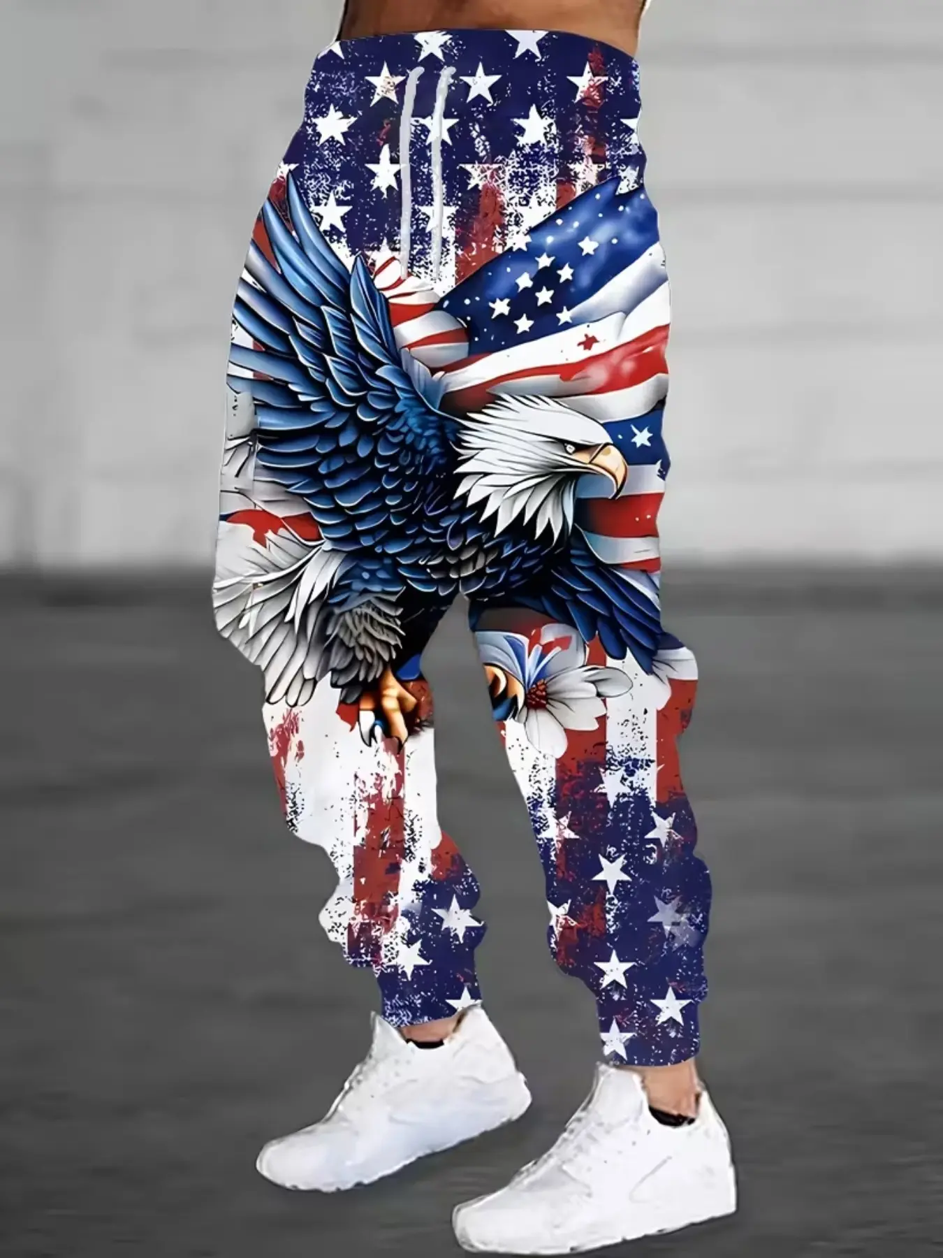 American Flag Bald Eagle Print Cuffed Sweatpants, Men's Streetwear Casual Long Pants, Fitted Drawstring Waist, All Seasons, Knitted Bottoms