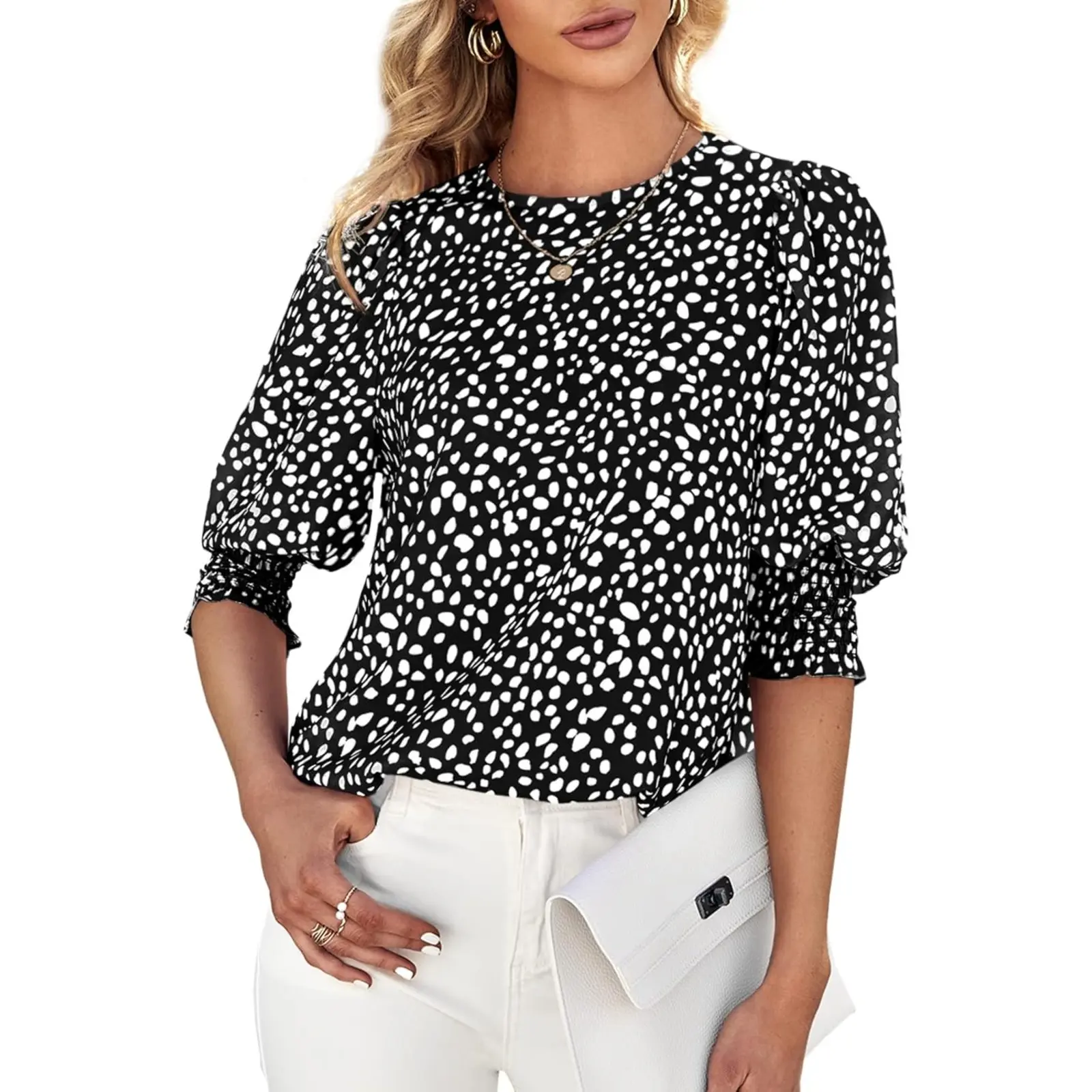 Teurkia Women's Polka Dot 3/4 Sleeve Blouse Tops Ladies Casual Office Work Crew Neck T-Shirt