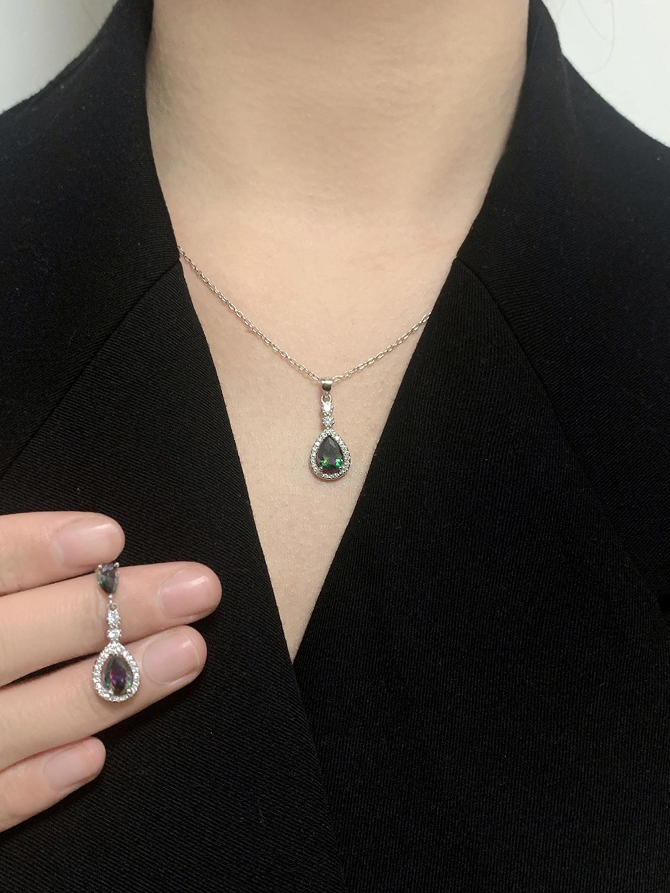 S925 Sterling Silver Elegant Artificial Gemstone Decor Pendant Necklace & Dangle Earrings, Fashion Jewelry Set for Party, Daily Decor, Trendy All-match & Exquisite Jewelry for Birthday Gift