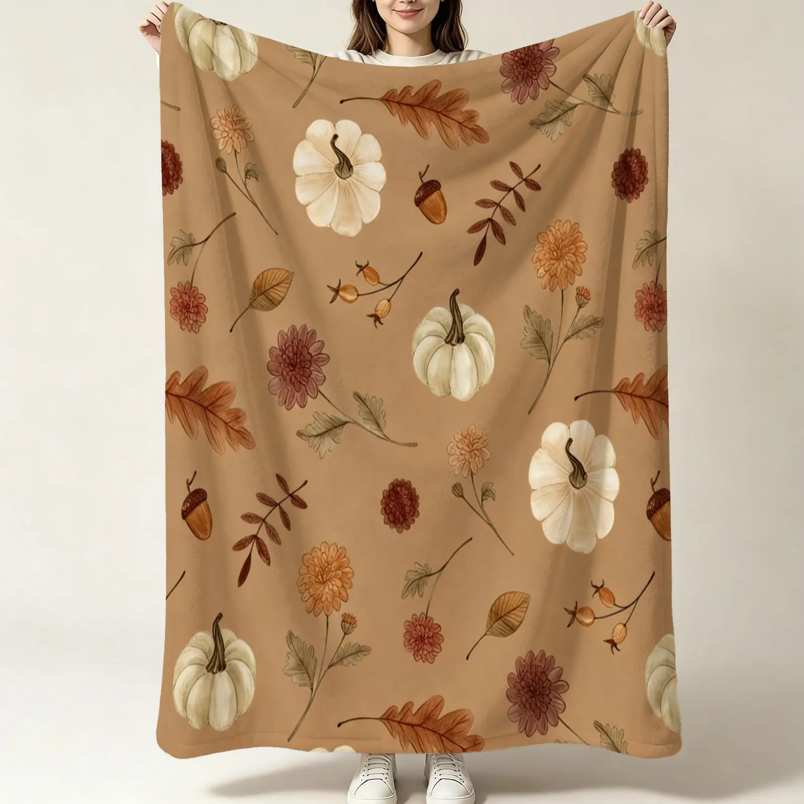 1 Pack Vintage Fall White Pumpkin Floral Flannel Blanket, Soft Skin-Friendly Autumn Throw Blanket with Acorn, Oak Leaf & Chrysanthemum Print, Holiday Gift Blanket for Sofa, Bed, Camping, Travel & Car, Farmhouse Style Thanksgiving Home Nap Blanket
