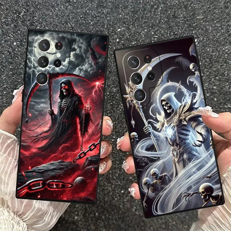 Death Grim Reaper Skull Scythe Soft Smartphone Case - Black Casing with Protection for Samsung Galaxy S26, S25 Edge, S24 Ultra, S23 Plus, S22, S21 FE, A14, A15, A16, A35 Mobile Phone Accessory