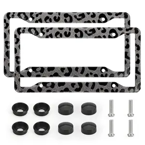 2pcs Black Leopard Print Shimmer Pearlescent License Plate Frames, Anti-Rust Aluminum Auto Accessory, Universal License Plate Frame Exterior Accessories, Car Accessories for Men/Women, Decoration Accessories for Car, Truck, SUV