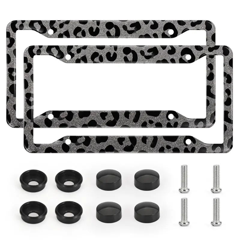 2pcs Black Leopard Print Shimmer Pearlescent License Plate Frames, Anti-Rust Aluminum Auto Accessory, Universal License Plate Frame Exterior Accessories, Car Accessories for Men/Women, Decoration Accessories for Car, Truck, SUV