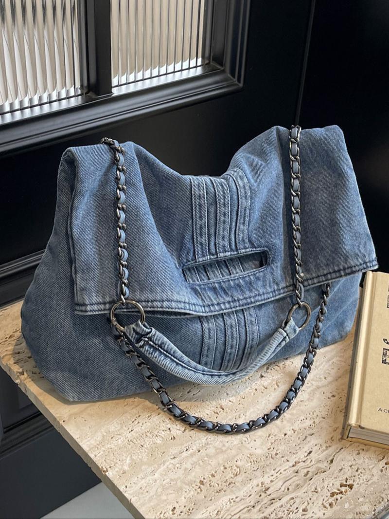 Women's Denim Shoulder Bag, Large Capacity Chic Chain Crossbody Strap Bag for Daily Used, Casual Trendy Versatile High-quality Daily Commuting Bag