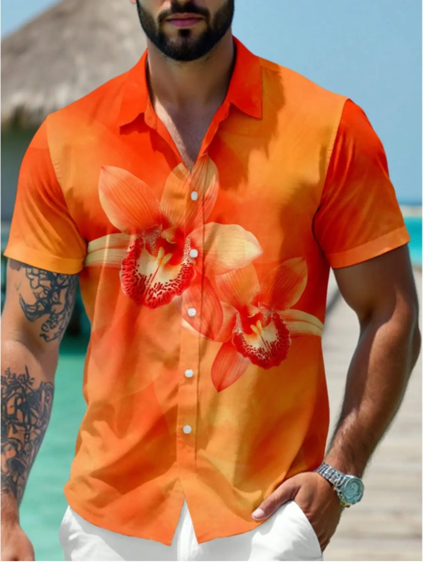 Hawaiian Floral Men's Short Sleeve Shirt, Tropical Vacation Print Collar Casual Shirt, Loose-Fitting All-Over Print, All Seasons