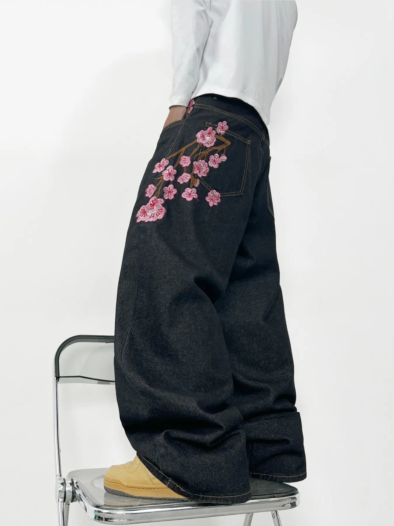 Men's Denim Jeans, Heavy Floral Embroidery Straight Leg Wide Leg Jeans, Y2K Street Fashion Loose Fitting Jeans, All Seasons, Casual Jeans Menswear & Streetwear