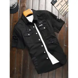 Men’s Streetwear Black Denim Shirt Distressed Short Sleeve Button Up Vintage Washed Ripped Design Y2K Hip Hop Casual Overshirt Slim Fit Summer Fashion Breathable Cotton Jacket Style Shirt