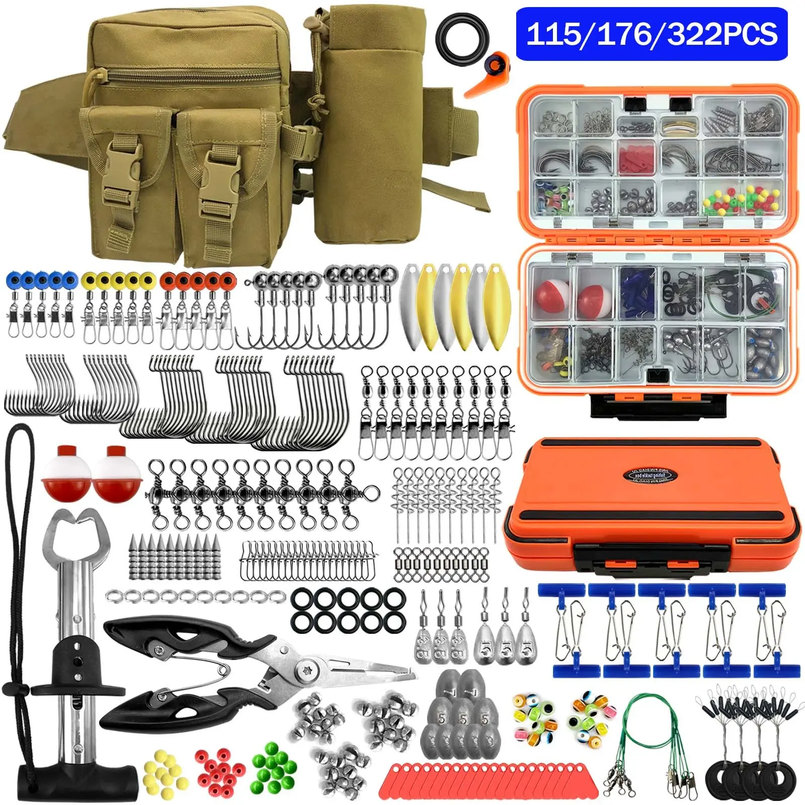 115/176/322 Pieces  Fishing Gear Kit Set with Storage Box, Includes Waist Bag, Hooks, Fishing Pliers, Perfect Gift