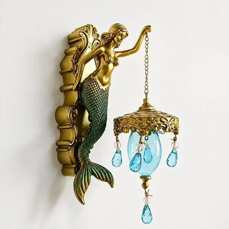 New Vintage Resin Mermaid Wall Lamp Decor, High-End Unique Hanging Ornament, European Style, Cross-Border New Arrival