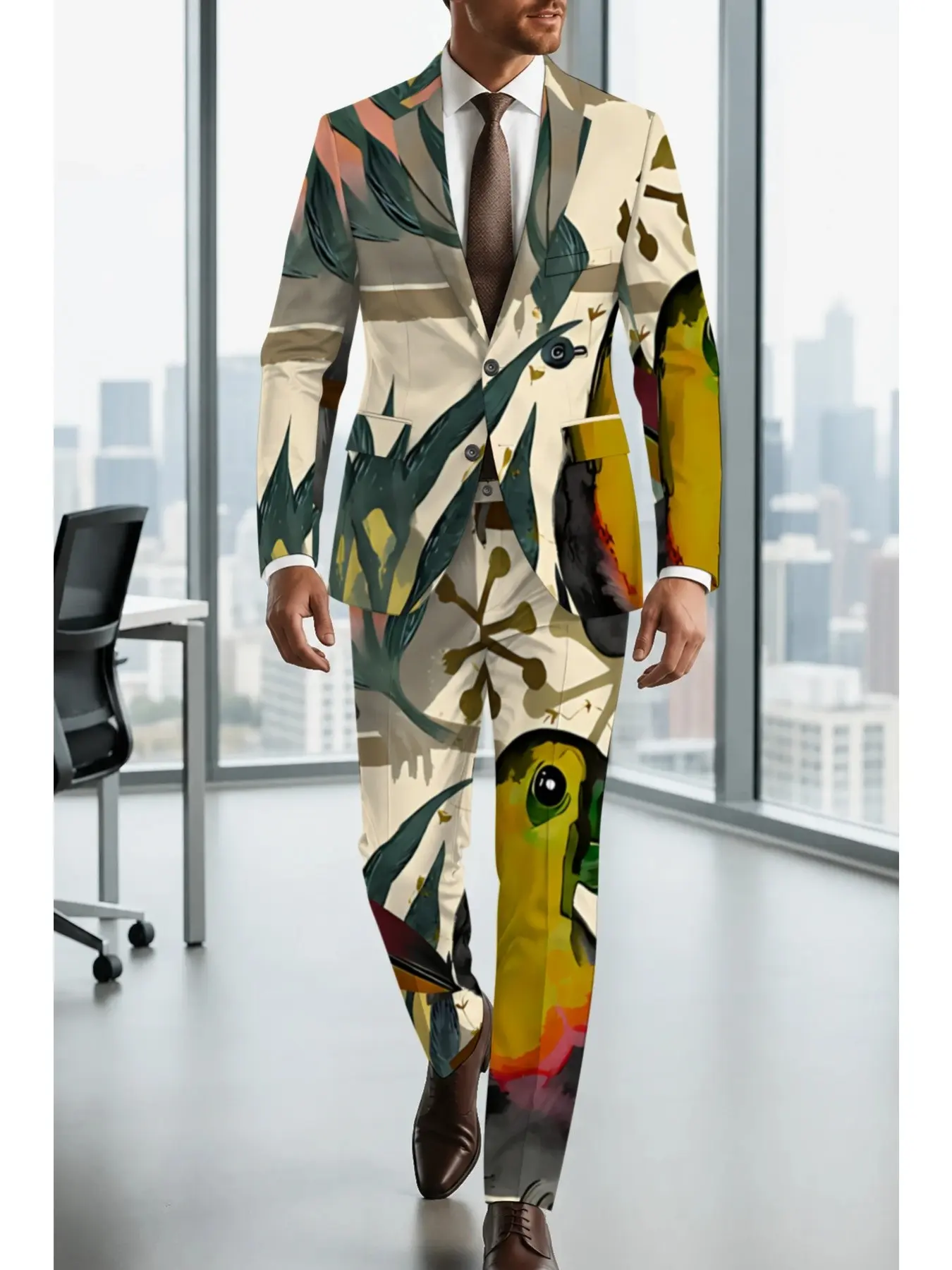 Artistic Graffiti Bird Print Men's Blazer Set, Large Parrot Greenery Print, Slim-Fit Suit and Pants Two-Piece, Casual Fall & Winter Wear