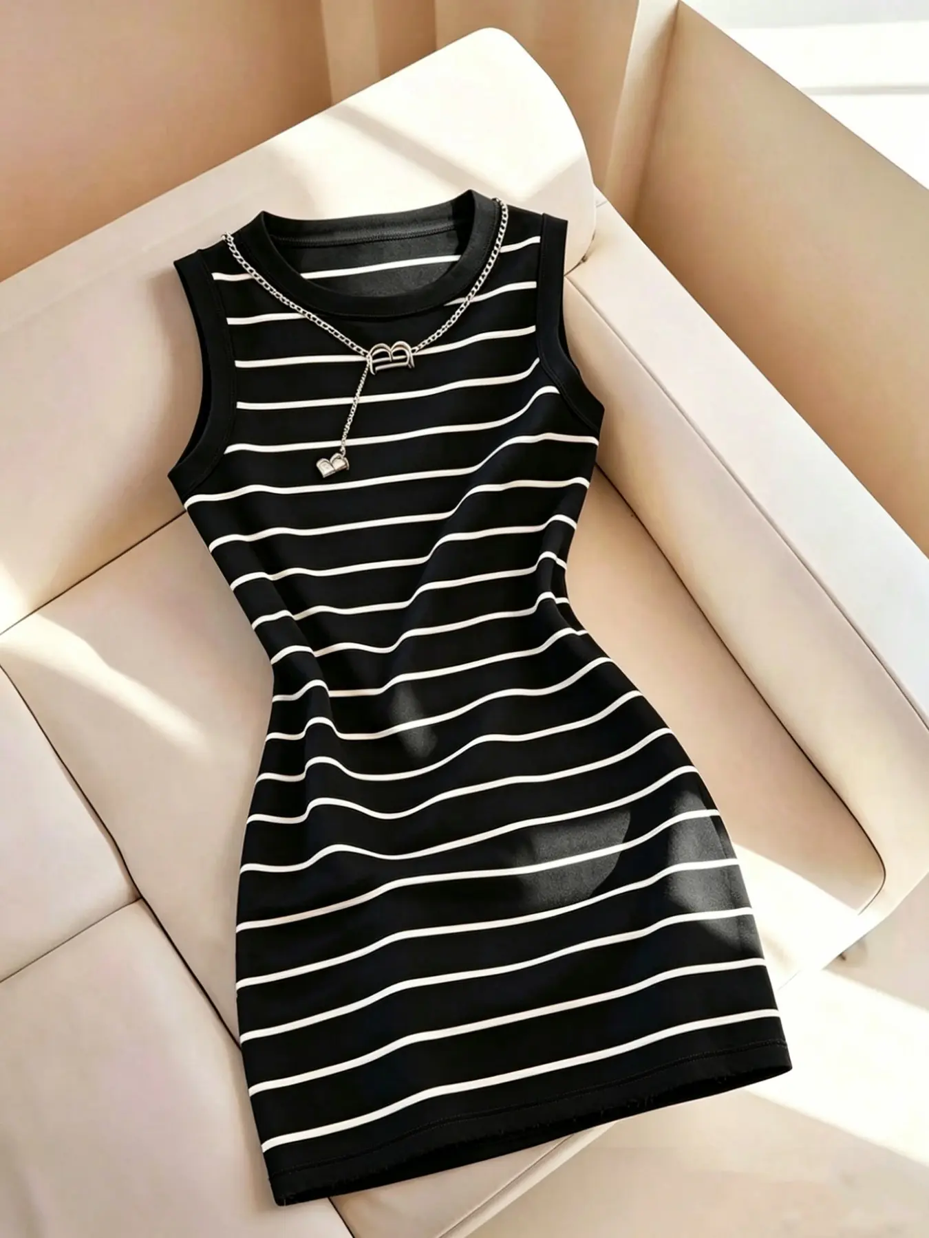 Striped Sleeveless Knitted Mini Dress, Bodycon Ribbed Backless Skirt, Millennial Style Chic Aesthetic Casual Tank Dress, Simple Summer, Fashion Daily Basic Dress, Beach Resort Wear
