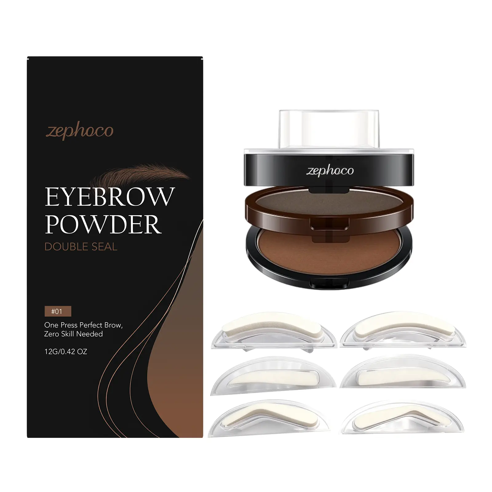 zephoco Brow Stamp & Eyebrow Powder Set (#01 Dark Gray + Light Brown), Highly Pigmented for Daily Makeup, Smudge-Resistant, Beginner Friendly