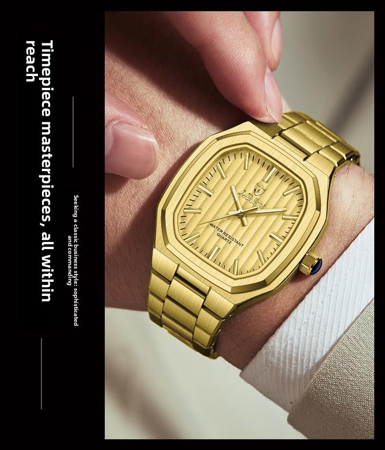 Men's Luxury Gold Square Quartz Watch - Stainless Steel Band, Water Resistant, Gold Textured Dial, Luminous Hands, Business Casual Dress Wristwatch, Perfect Gift for Him