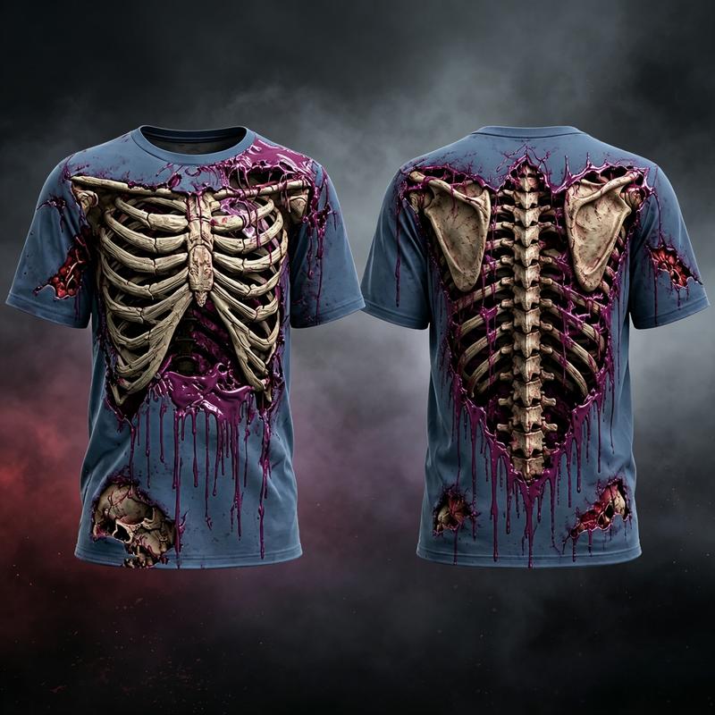 Men's Simple Crew Neck 3D Skeleton Top - Scary Bloody Ripped Skin All-Over Print T-Shirt, Zombie Horror Halloween Graphic Tee, Breathable Imitation Cotton Fabric, Hand Washable, Multi-Size