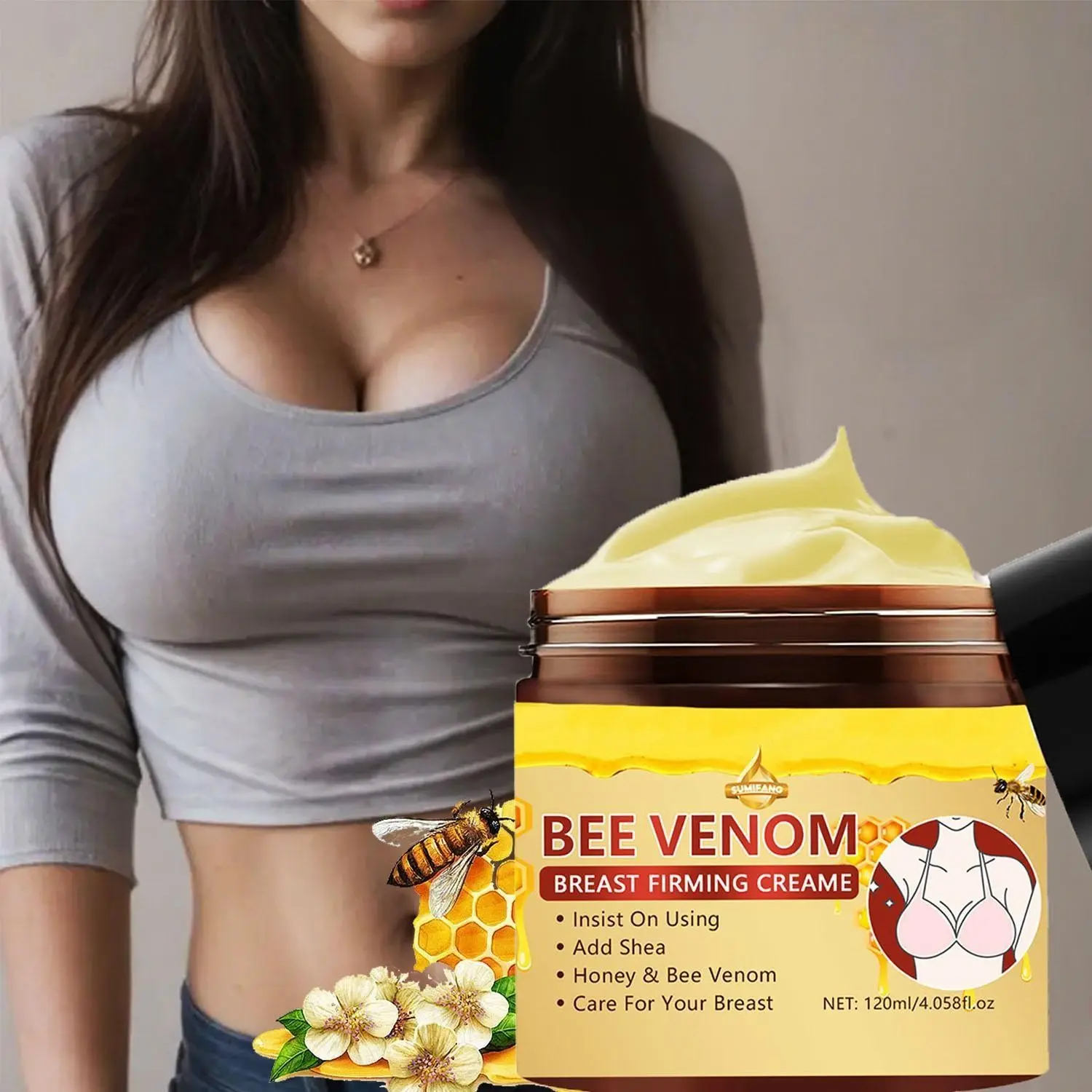 SUMIFANG Bee Venom Breast Firming Cream (120ml) – Bee Venom + Honey + Shea Butter – Deeply nourishes and moisturizes, enhances skin elasticity, visible results with consistent use, gentle formula.