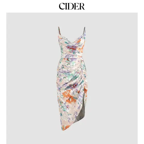 Cider Illusion Floral Ruched Cowl Neck Midi Dress