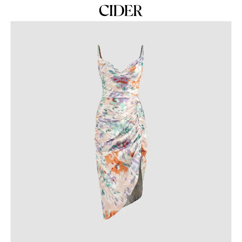 Cider Illusion Floral Ruched Cowl Neck Midi Dress