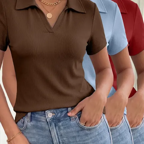Women's Ribbed Collared V-Neck Polo Top 3-Pack, Fitted Short Sleeve Solid Color Basic Top, Casual Elegant All-Season Wear Shirts
