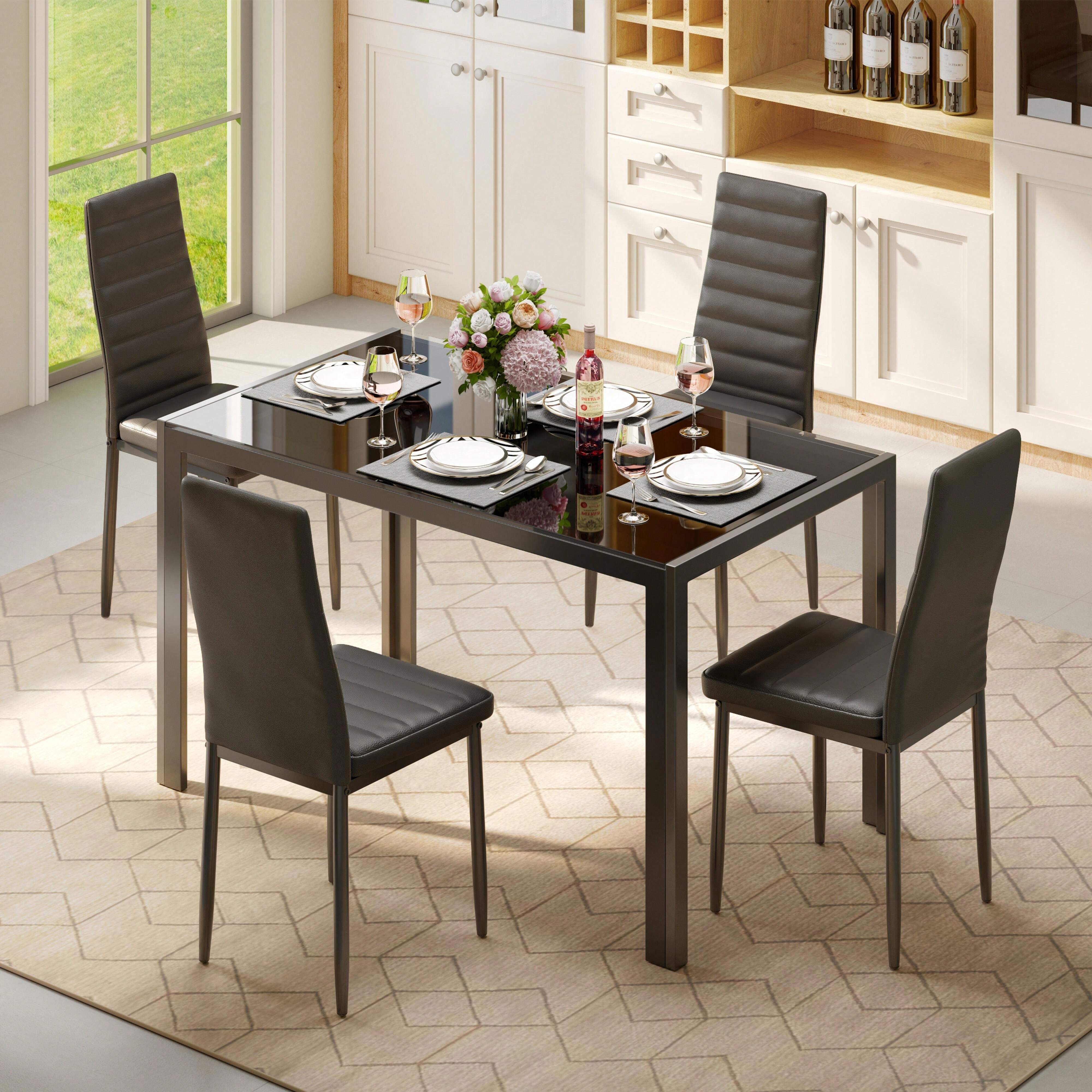 Glass Top Dining Table Set with High Back PU Leather Chairs, Available in 4-Chair & 6-Chair Options, Modern Kitchen & Dining Room Furniture Set, Comfortable Upholstered Chair Set for Living Room Restaurant Home