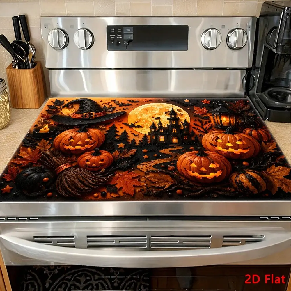 Halloween pumpkin castle pattern design rubber stove cover - heat-resistant, non slip, absorbent, easy to clean, oven mat, refrigerator mat, kitchen stove cover, suitable for surface protection of ovens, washing machines and appliances