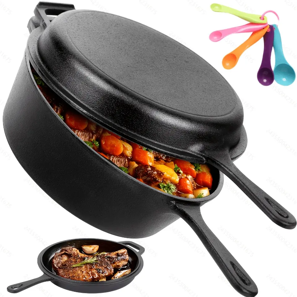 Dutch Oven And Frying Pan Set, Pots And Pans Set, Pre-Seasoned Cast Iron Cookware Set, 2-In-1 Multi-Purpose Cookware - Deep Pan And Frying Pan for Bakery, Indoor/Outdoor, Barbecue, Stovetop & Induction