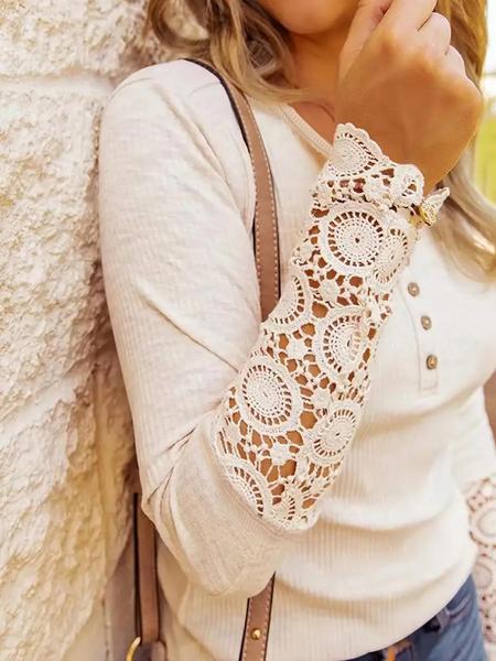 Long Sleeve Lace Basic Top with Ruffled Sleeves, Sexy Casual Fitted Design for Spring and Fall, Stylish Knit Fabric for Women, Womenswear