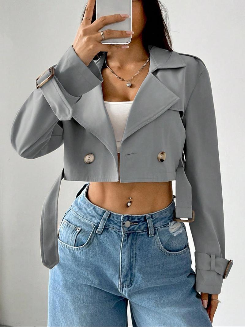 Women's Solid Double Button Belted Lapel Neckline Crop Trench Coat, Casual Long Sleeve Crop Outerwear for Spring & Fall, Women's Clothing for Daily Wear, Lady Jackets