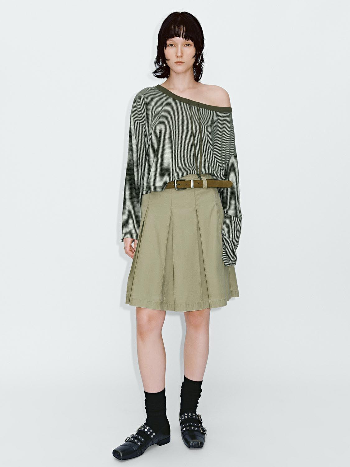 URBAN REVIVO 2026 Summer Women's Trendy Color-Block Stripe Panel Drawstring Tie Lyocell T-Shirt UYV460067