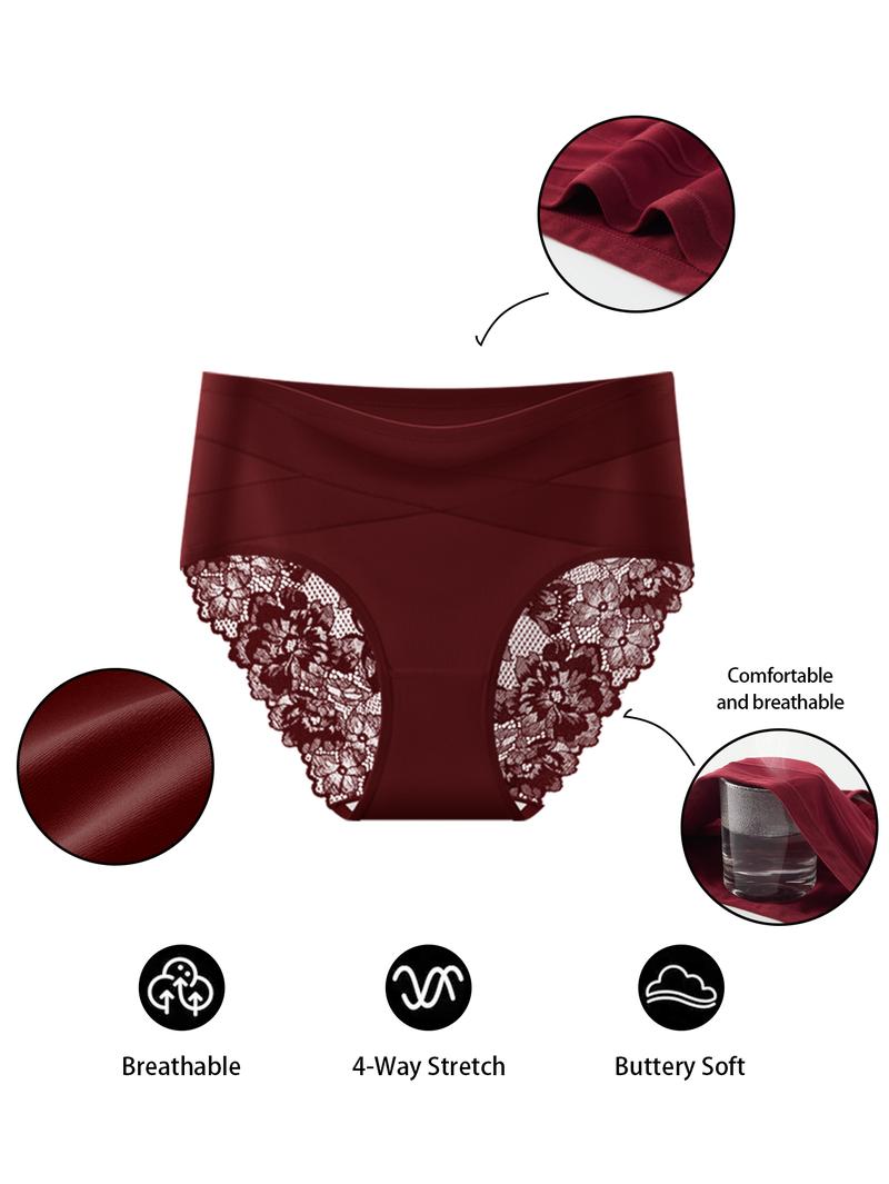 QUASTI 10 PCS Cross Design Skin-Friendly Lace Sexy Women's Underwear, High Waisted Milk Silk Fabric Soft Knicker for Breathable Comfy, Solid Color Panty Female Intimates, Suitable for Daily Wear