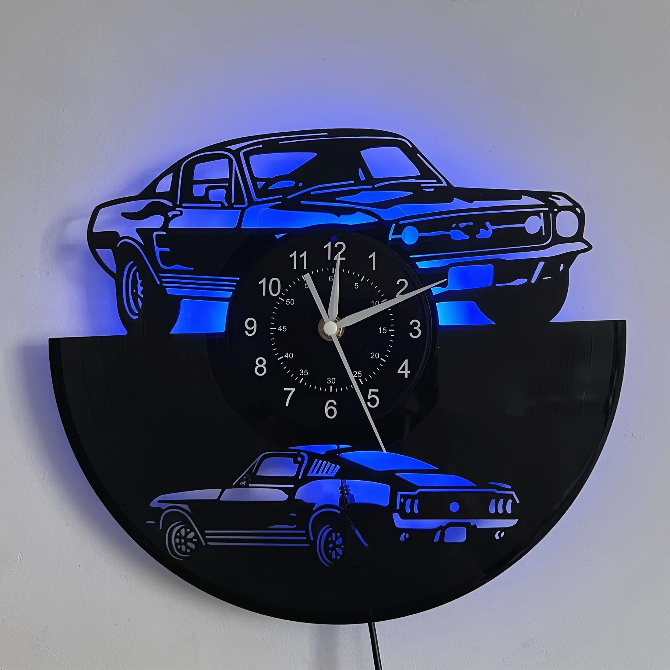 Vintage Classic Muscle Car Vinyl Record Wall Clock, Retro LED Wall Clock with 7 Color Lights, Silent Non-Ticking, Car Lover Gift