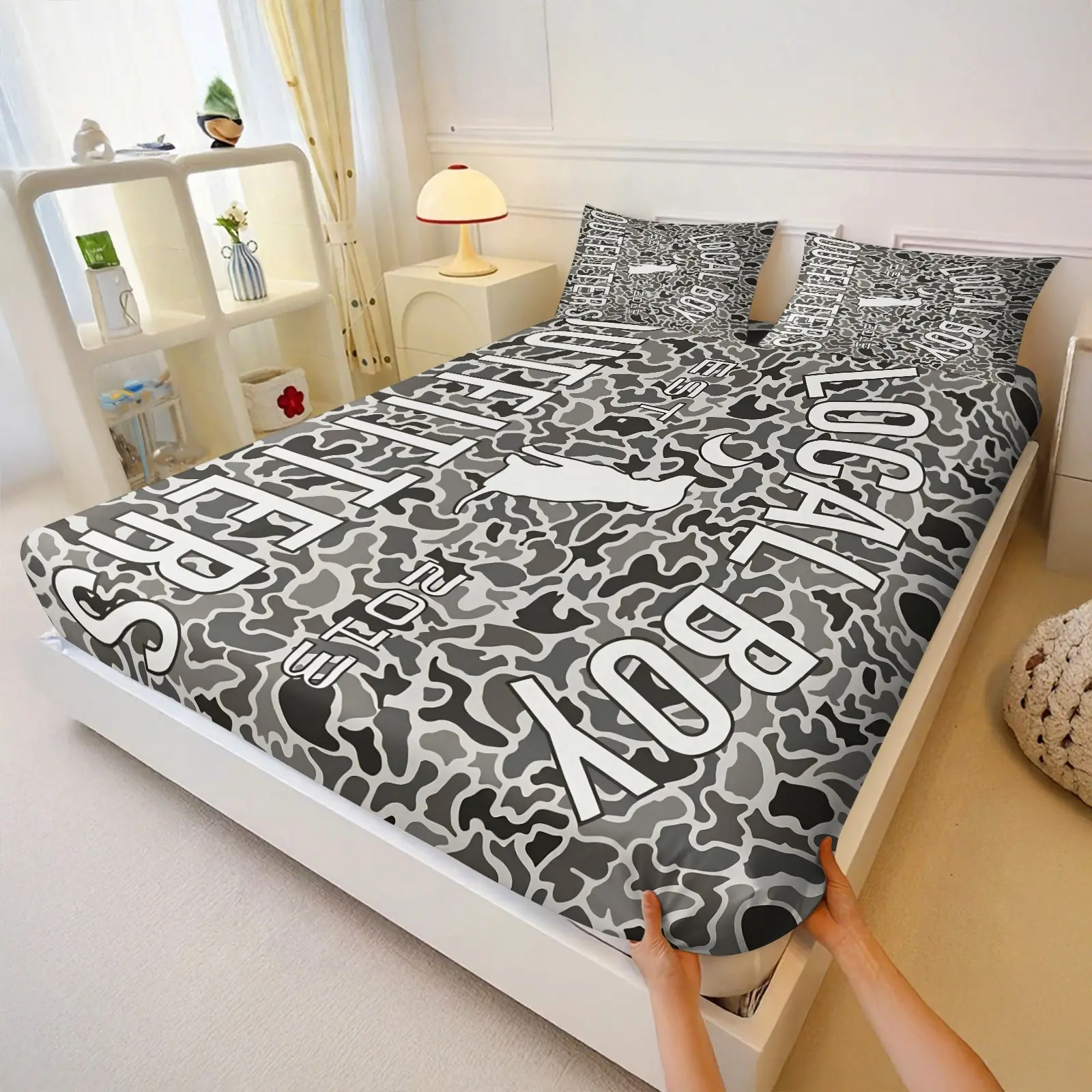 Camo Deer Silhouette Fitted Sheet Set, Western Outdoor Hunting Deep Pocket Bedding, Teen Boys Dorm Apartment Decor