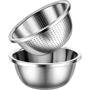 304 Stainless Steel Colander with Mixing Bowls, 3 Quart 2PCS Kitchen Strainer for Washing Vegetables Fruit Rice, Dishwasher Safe