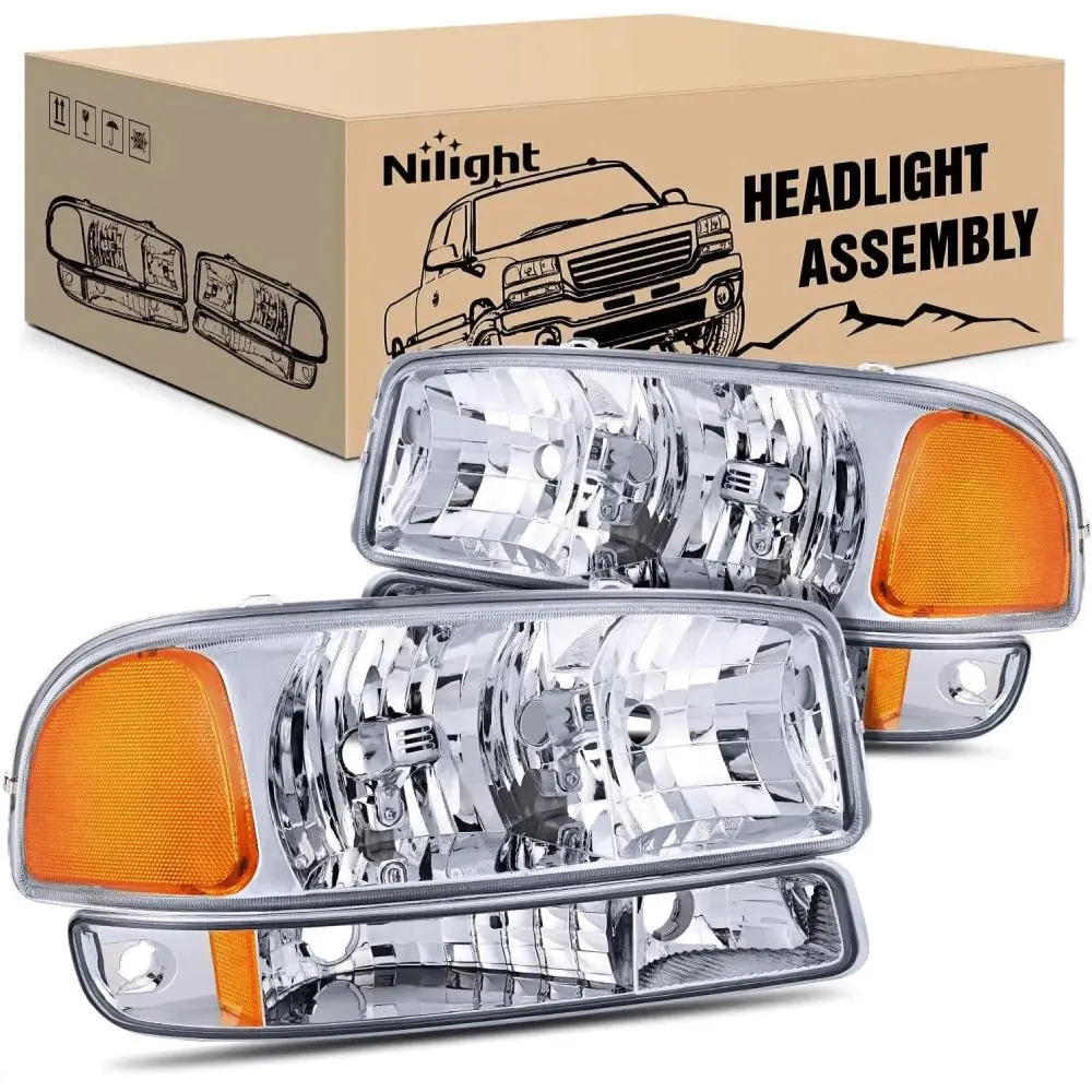 Nilight Headlight Assembly Set Pair for 1999-2006 GMC Sierra, Sierra 1500, GMC Yukon, Yukon XL - Chrome Case, Amber Reflector, Waterproof, UV Resistant, Plug-N-Play Easy 15 Mins Install, Bulbs Not Included
