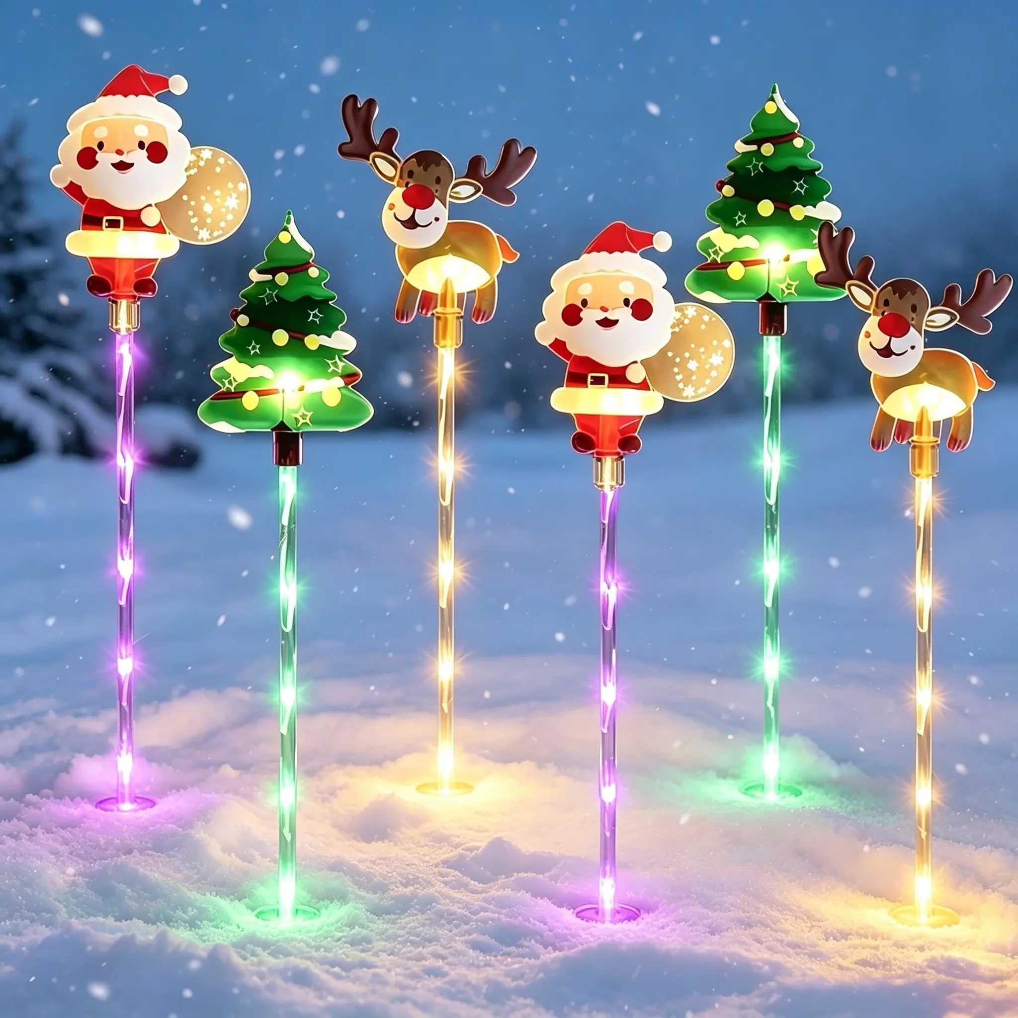 6-Piece Solar Outdoor Christmas Lights, Automatic Switch, Lawn Garden Courtyard Decor, Santa Snowman Tree Design, Ground Stake Holiday Lights