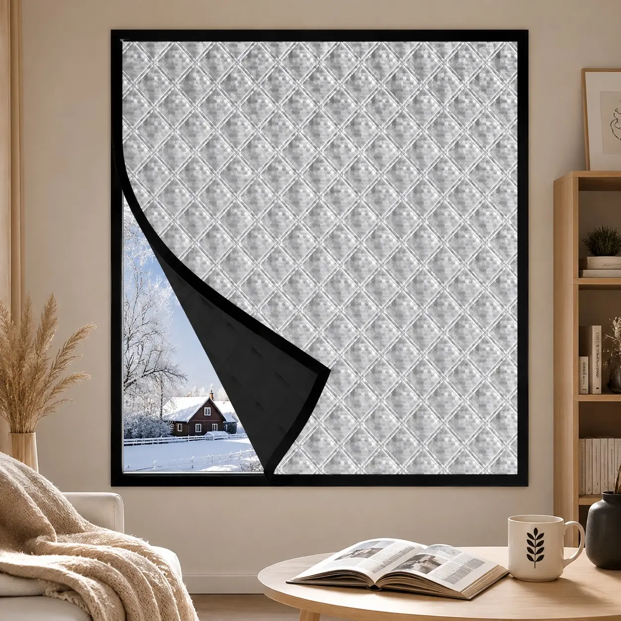 Thick Winter Thermal Curtain, Silver Diamond Aluminum Foil Insulated Blackout Window Cover, No-Drill Self-Adhesive Windproof Cold Blocker for Bedroom Living Room Balcony Window