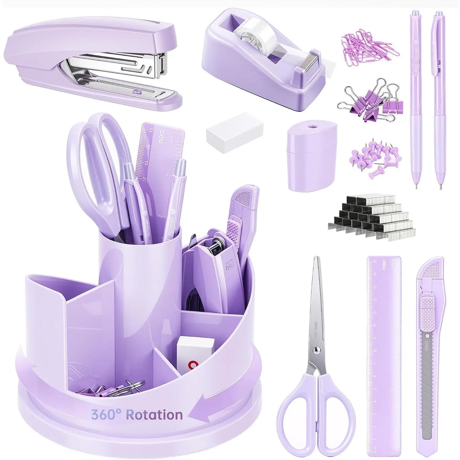 Office Supplies Set,  Desk Accessory Organizer Kit, Stapler Set, Rotating Multi-Functional Pen Holder, Tape Dispenser, Pens, Binder Clips, Sharpener, Scissor, Eraser,  Office Supplies