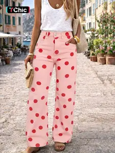 French Polka Dot Print High Elastic Waist Wide Leg Jeans, Denim Fabric, Vintage Versatile Loose Fit Women's Long Pants
