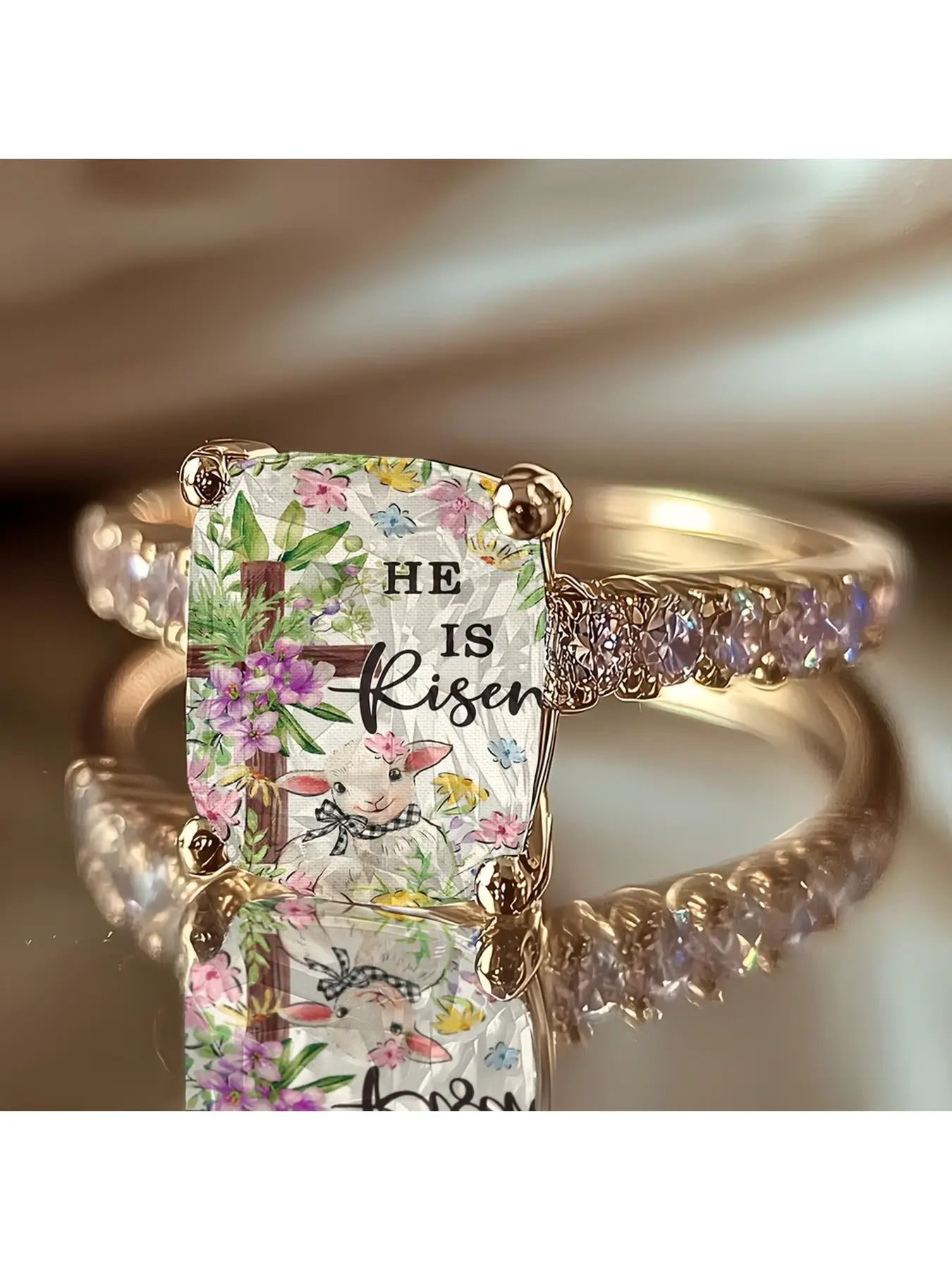 Rectangular "HE IS RISEN" Text Embroidery Ring - Crossed Sticks, Small Flowers and Little Sheep Pattern Ring - Easter Fresh and Elegant Women's Festival Decoration Gift