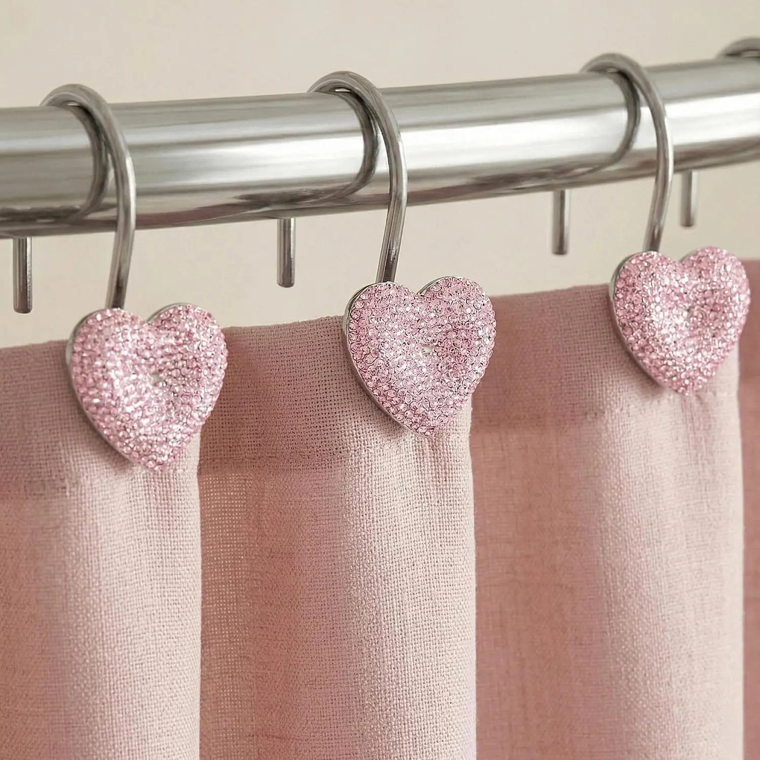 Bling Shower Curtain Hooks: Cute Heart Bathroom Curtain Rings, 12 count | Glam Sparkly   Shower Hooks, Rhinestone Rustproof Rings,  for Xmas Holiday & Valentines Day Bathroom Decor