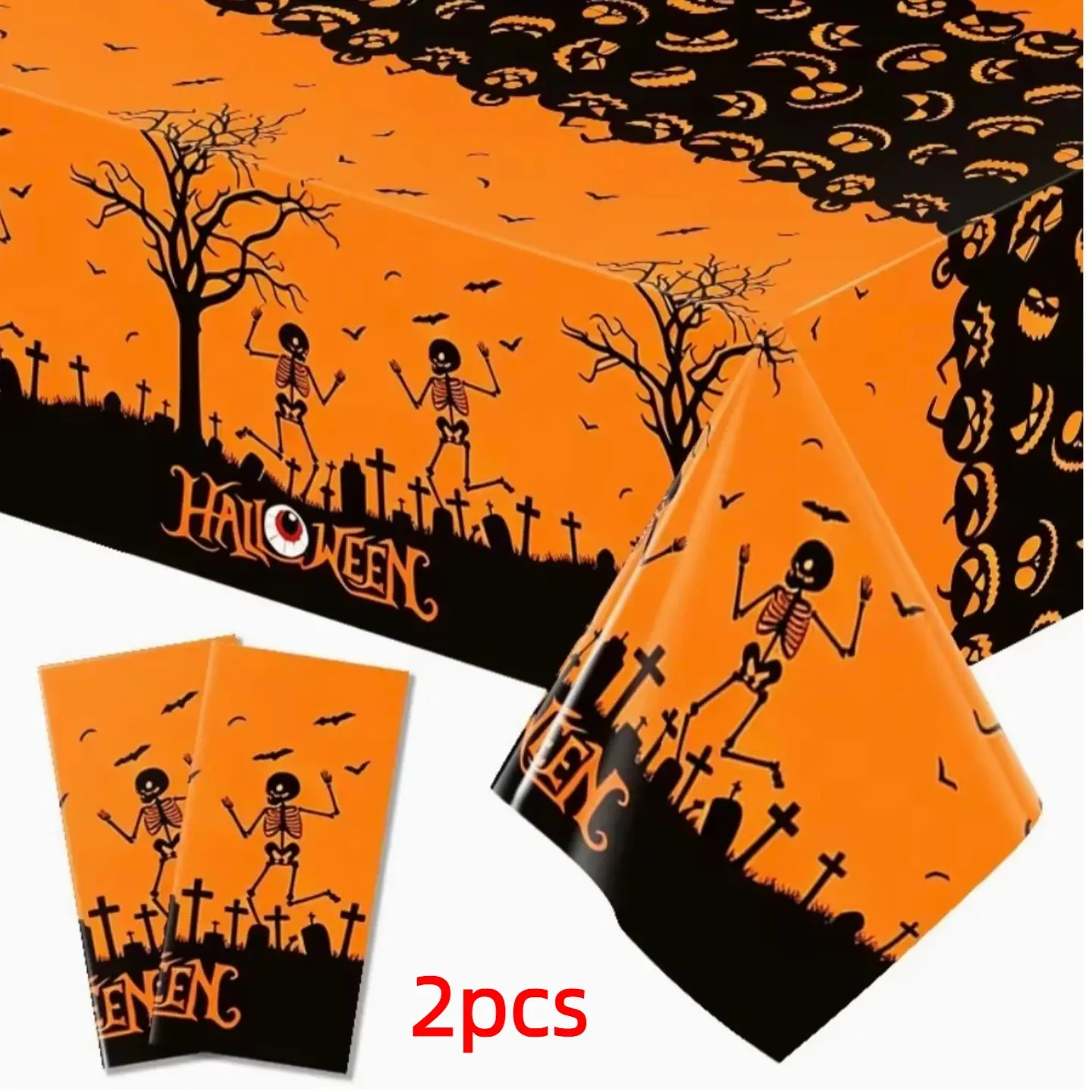 2pcs Disposable halloween Tablecloth, Orange Black Graveyard Skeleton Dead Tree Bat Pumpkin Print Table Cover，Halloween Party Dining & Dessert Table Decor Supplies，Halloween Tablecloth