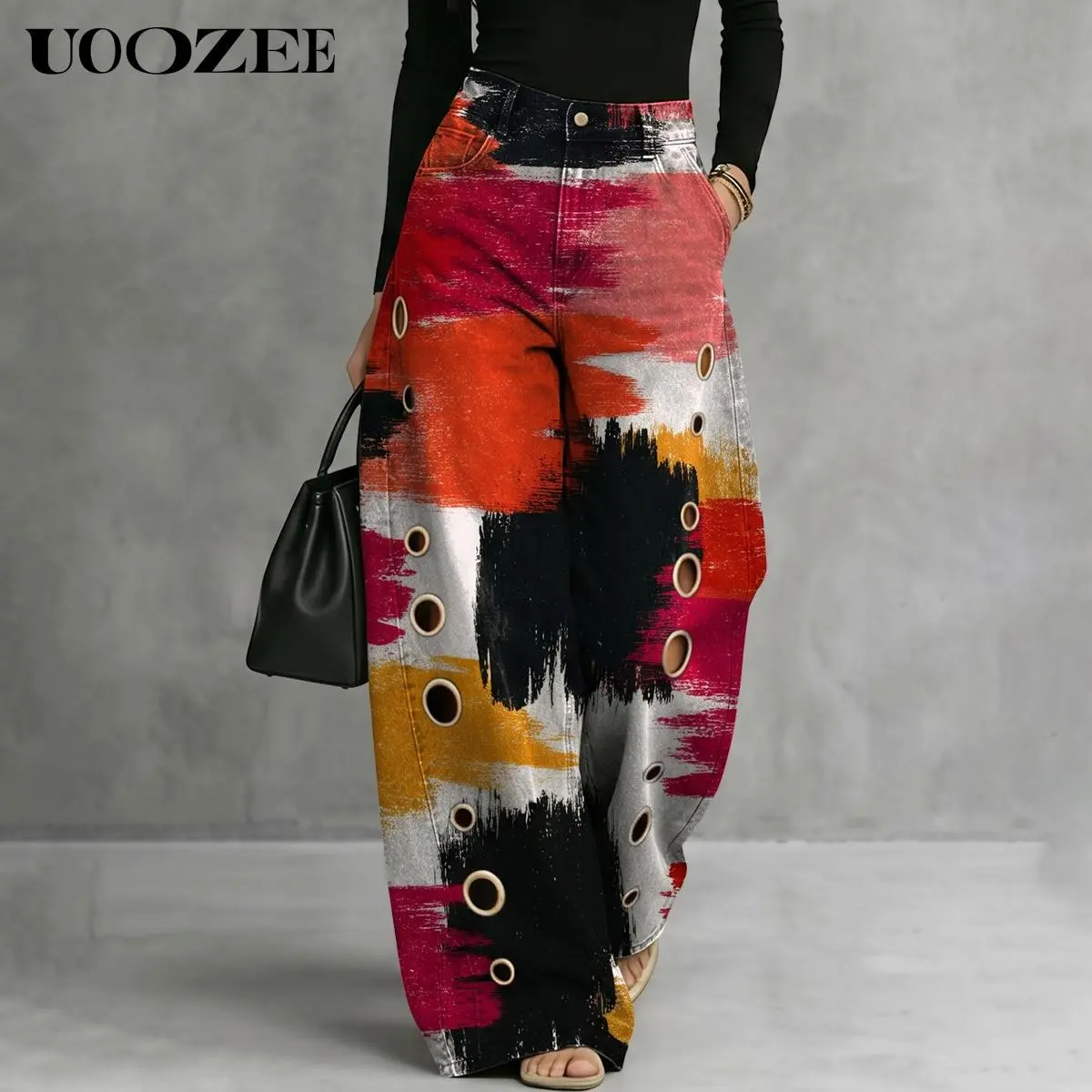 UOOZEE Women's Oversize Abstract Print Wide Leg Pants, High Waist Polyester Smart Casual Clothes with Side Eyelet Cutouts, Party, Garments, Baggy, Long Sleeve, Slim, Tee, Bottoms, Street Style, Oversized, Adjustable, Sleeveless, Tropical, Flat, Women's Cl