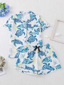 Women's Turtle Print Pajama Set, Collared Short Sleeve Top & Slim Fit Elastic Shorts, Casual Elegant Sleepwear & Loungewear for Holidays & Home Relaxation Pjs