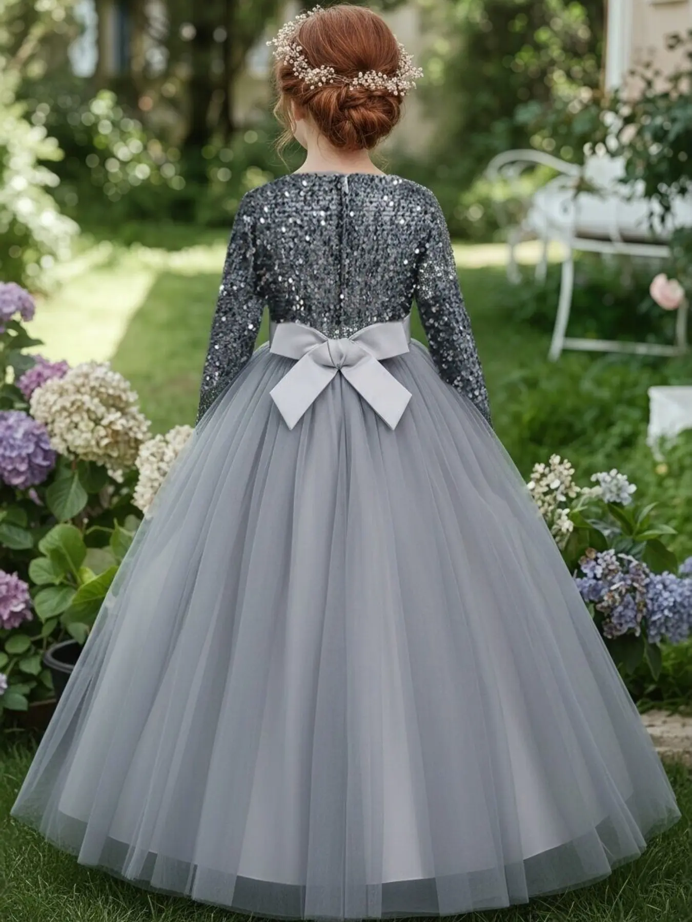 ball gown dress for christmas party Girls' Dress, Elegant Sequined Evening Gown, Long Sleeve Bow Front Mesh Skirt, Perfect Birthdays & Celebrations elegant christmas gown