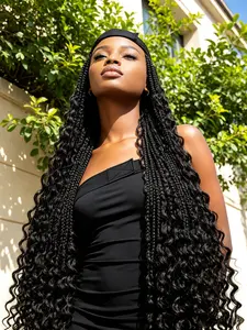 Pre-Braided 30 Inch Turban Knotless Box Braids Wig, Curly Ends, Adjustable Strap, Tangle-Free, Easy-To-Style Hair Accessory